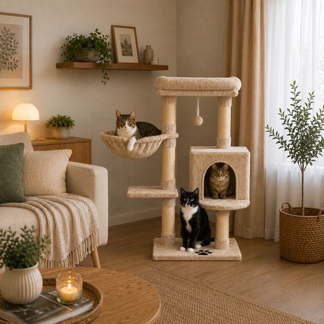 belviona Katzenkratzbaum 93 cm, mit Höhle, Liegemulde, Liegebett & Sisalstämmen, platzsparend, beige (1/4)