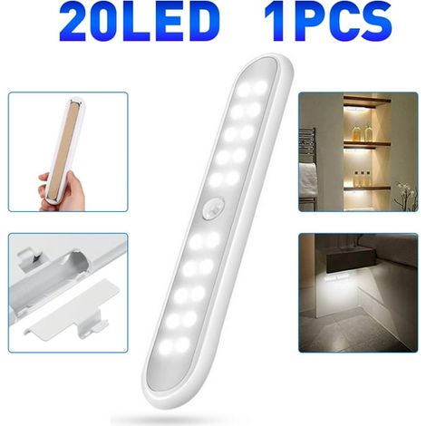 Luz de gabinete con sensor de movimiento PIR, iluminación bajo encimera, luces de cocina inalámbricas de 20 LED a batería, luces adhesivas para gabinetes, alacenas y armarios (blanco)