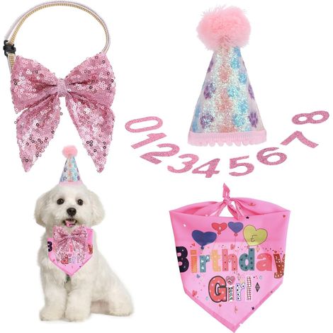 Filiyano-Décorations d'anniversaire pour chien, chapeau ajustable avec chiffres, chapeau de fête d'anniversaire pour chien rose pailleté, ensemble (1/5)