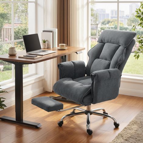 Fauteuil de bureau gris foncé pivotant hauteur réglable en flanelle neige avec soutien lombaire et repose-pieds, 80×80×106-114 cm (1/5)