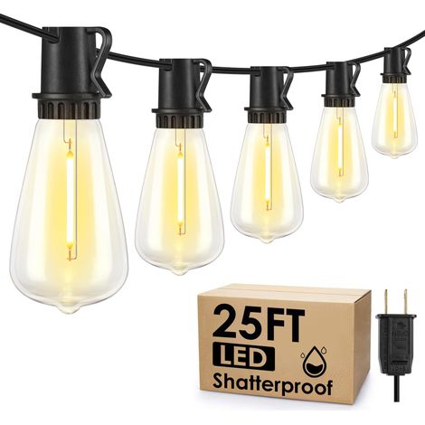 Guirlande lumineuse extérieure de 7,6 m (25 pi), 10+1 LED à intensité variable, incassable, lumière blanc chaud 2700 K, étanche, pour terrasse, balcon ou jardin, noire. (1/5)