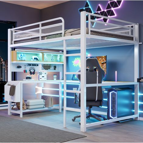 Lit mezzanine gaming 140 x 200 cm avec bureau, tiroir clavier, rangements, LED, blanc (1/5)