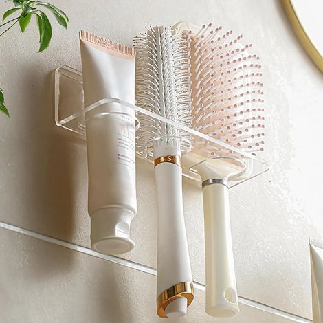 Support de rangement pour brosses à cheveux en acrylique pour salle de bain, organisateur d'outils de coiffure auto-adhésif, boîte de rangement murale pour peignes avec 3 trous. (1/5)