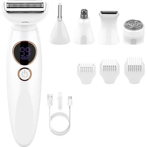 Rasoir Elios Femme 5 En 1, Rasoir Femme, Épilateur Électrique Avec Affichage LED Et Chargement USB, IPX7 Étanche, Pour Bikini (1/5)