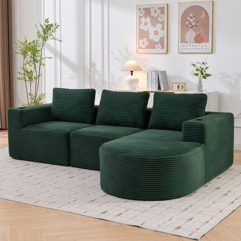 Sofa 265x176x60 cm Retro-Grün Polyester gepolstert mit 3 Kissen und 2 Becherhaltern (1/5)