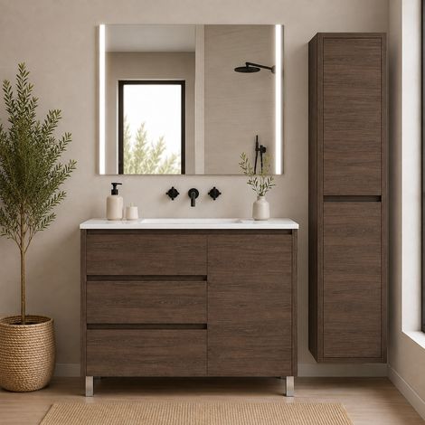 Meuble de salle de bain avec 3 tiroirs, porte et vasque ORIGENBATH VOLUM sans miroir 80x45 cm frêne tea avec colonne (1/5)