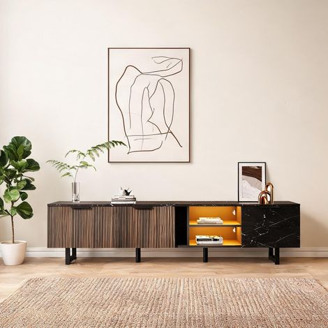 Meuble TV 200 cm avec portes en bois foncé et finition marbre (1/5)