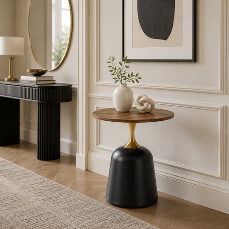 Table d'appoint ronde de 60 cm, table de salon avec structure en métal, plateau simple et moderne aspect noyer, table de conférence, bureau rond original pour la chambre ou à côté du salon. (1/4)
