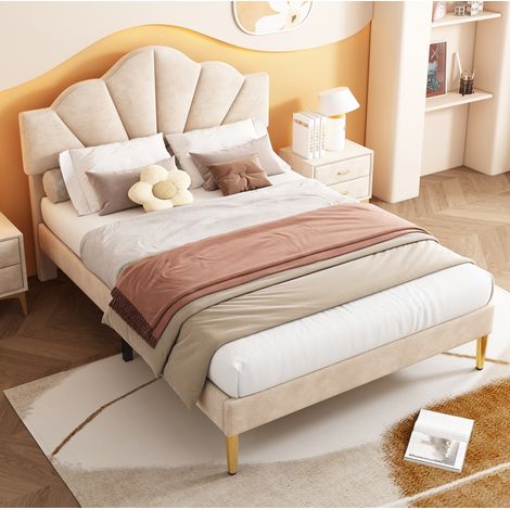 Cama tapizada de terciopelo beige 140x190 cm con cabecero regulable y somier de láminas (1/5)
