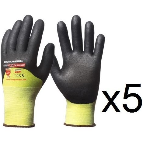 5 paires de gants HPPE enduction 3/4 nitrile haute visibilité N318HVC EuroCut - Taille: 9