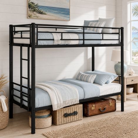 Letto a castello per bambini, convertibile in due Letto singoli, con scala e sponde, in ferro nero, senza materassi (1/5)