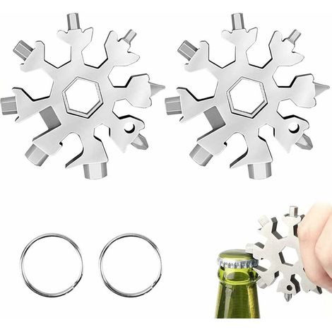 2 piècesNeige Outil,Outil portable flocon,acier inoxydable 18 en 1,Tournevis Ouvre Bouteille,Porte-clés Tournevis Ouvre,Adventure multifonction,18 en 1 Outil Tout Puissant (argent) (1/5)