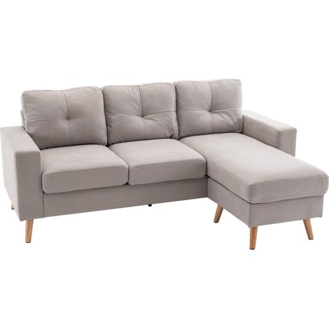 Canapé d'angle en L 3 places avec chaiselongue, tissu gris clair, design moderne (1/5)