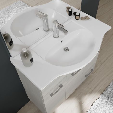 Kiamami Valentina – Meuble de salle de bains 85 cm – Lavabo céramique central – 3 portes et 1 tiroir – Finition chêne gris avec pieds chromés — vue 4