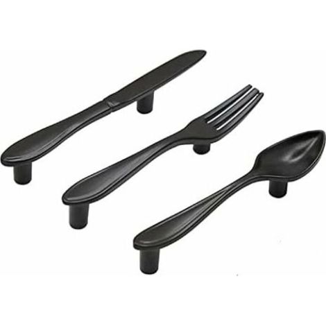 Lot de 3 poignées d'armoire en forme de cuillère à couteau en forme de fourchette poignées de porte trou central 7,6 cm noir mat (1/5)