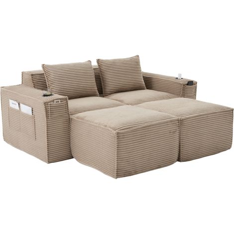 Divano modulare 2 posti in velluto a coste con 2 pouf, portabicchieri e tasche, beige (1/5)