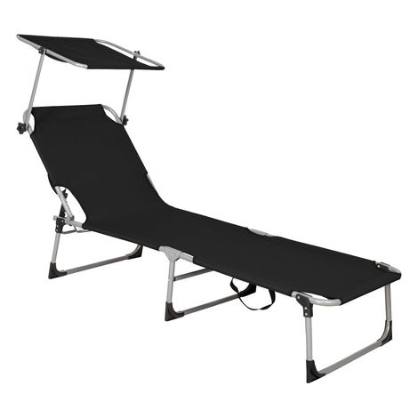 Gartenliege klappbar schwarz, Liegestuhl mit Kopfstütze und Sonnenschutz
