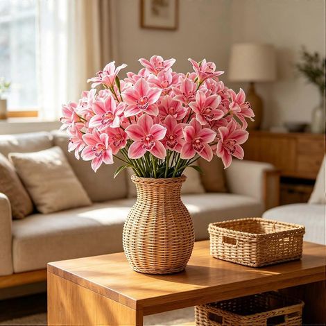 Lot de 3 tiges d'orchidées Cymbidium artificielles, 3 têtes fleurs réalistes avec boutons, tige longue, fausse rose pâle pour vase printemps-été (1/5)