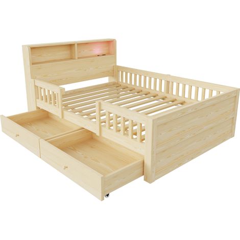 Cama infantil 90 x 190 cm de pino con LED, USB Tipo-C, cabecero y 2 cajones (1/5)