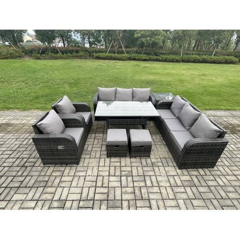 Fimous Outdoor Garden Patio Furniture Wicker Rattan Oblong Rectangular Dining Table and Lounge Sofa set with Side Table 2 Small Footstool Dark Grey Mixed