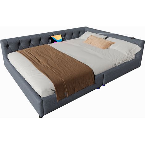 Lit 140x200 cm en lin gris avec sommier à lattes, LED 7 couleurs, ports USB/Type-C, tête de lit capitonnée (1/5)