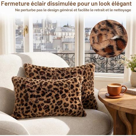Housses de Coussin Léopard, Housse de Coussin 30 x 50 cm en Fausse Fourrure, Coussin Rectangulaire avec Fermeture Éclair Cachée pour Canapé, Lit, Salon, Chambre (1/3)
