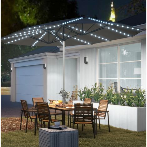 Sombrilla doble de jardín de aluminio gris oscuro con manivela, LED solar/USB, UPF 50+ y ventilación (1/5)