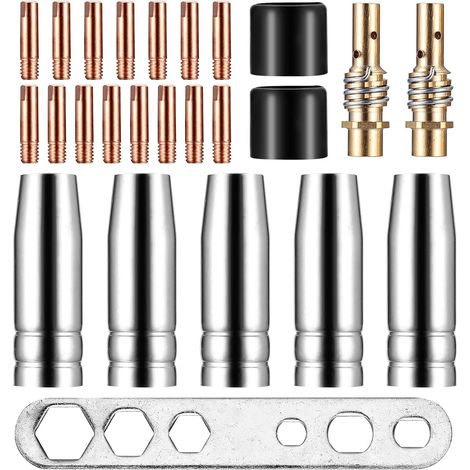Sollbry 25 Pcs Embouts de Contact de Buse de Soudage, MAG MIG Pointe de Contact M6 0,8 mm, Kit de Torche de Soudage, Accessoire Consommables de Coudage pour MAG MB15 15AK, Buse Conique, Buse à Gaz (1/5)
