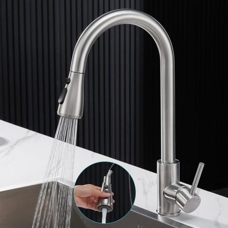 Robinet Cuisine avec Douchette Extractible, Mitigeur Cuisine Acier Inoxydable 304, Haut Bec Robinetterie Evier Rotatif à 360° en 3 Modes de Réglage, Finition Brossée, Froid & Chaud Disponible Ikodm (1/4)