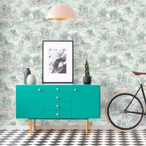 Green Jungle Themed Wallpaper Tigers Pink Flamingos Zebras Geometric Shimmer (1/4)