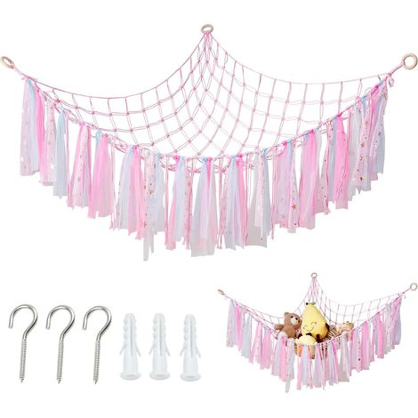 Red de almacenamiento para peluches - Hamaca para guardar peluches, decoración bohemia rosa para dormitorio de niñas, red colgante para juguetes de peluche para almacenamiento y decoración. (1/5)