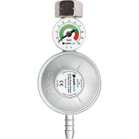Détendeur gaz propane-butane avec manomètre – Pression d'entrée 0,3-16 bar – Pression de sortie 37 mbar – Capacité 1,5 kg/h