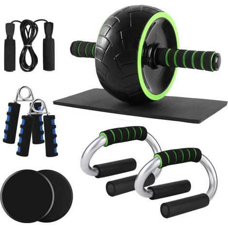 Roue Abdominale de Fitness et Musculation de Corp, Appareil d'Entraînement 6 en 1 avec Tapis Epais pour Genoux, Poignées de Pompe, disques de Glissement et Corde à Sauter- (1/5)