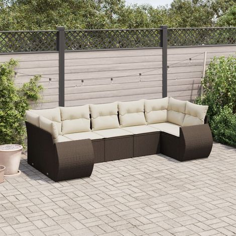 Canapé d'extérieur 7 places en résine tressée marron, ensemble modulaire avec coussins blancs crème amovibles et lavables, inclut fauteuils d'angle et canapés avec accoudoirs (1/5)