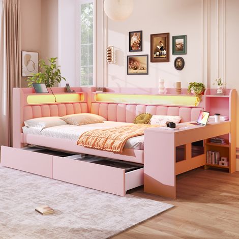 DESVIAE Lit banquette rembourré 140 x 200 avec LED sept couleurs USB bureau intégré deux tiroirs structure en MDF et contreplaqué rose (1/5)