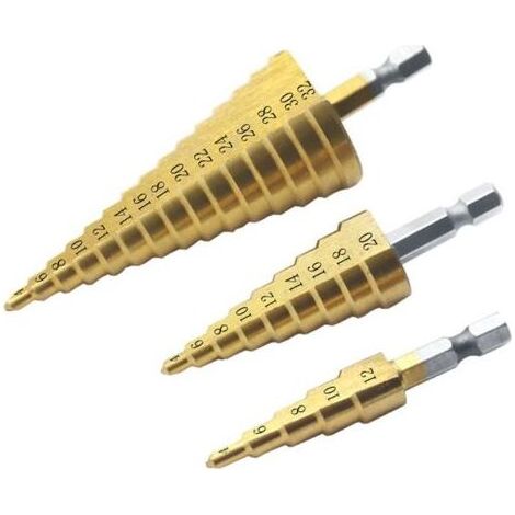 3PCS Foret Fraise Meche Etage, Triangle Conique Titane Foret Fraise, 4-12/20/32 mm, Pour Visseuse Percage sur Acier, Laiton, Bois, Plastique (1/4)