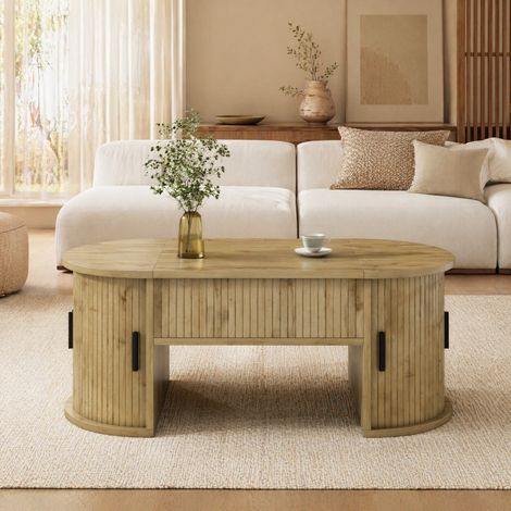 Table basse relevable ovale rangement MDF chêne OKMYHOME (1/5)