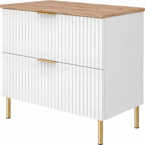 Mobile sottolavabo con piedini 60 cm, 2 cassetti, con piano, Bianco / piano Rovere Chiaro, maniglie dorate, gambe dorate, 60 x 46 x 73,6 cm