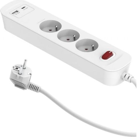 PD20 3-fach Schnelllade-Verlängerungskabel mit Schalter + 2x USB (A+C), 1,4 m, weiß / 34096