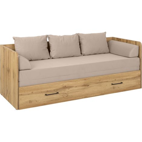 Lit canapé convertible 80-160x200 cm coloris Chêne wotan avec coffre de rangement, matelas et 3 oreillers Beige - Longueur 200,5 x Profondeur 79/154 x Hauteur 73 cm (1/3)