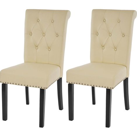 2er-Set Esszimmerstuhl Chesterfield Edinburgh II, Stuhl Küchenstuhl, Nieten Kunstleder, creme, dunkle Beine