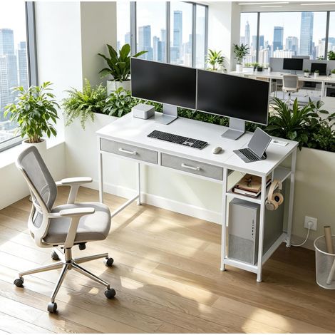 Computerschreibtisch Weiß 120 x 51 x 75 cm mit Schubladen und Regal HAVRYA (1/5)