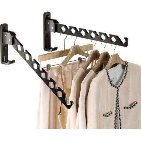 Porte-manteau mural rétractable et pliable en aluminium noir, gain de place pour buanderie et chambre à coucher, lot de 2