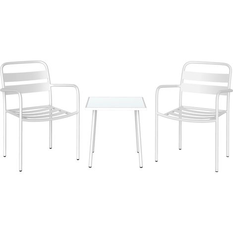 3-teiliges Bistro-Set aus Metall für die Terrasse mit Glastisch, Weiß