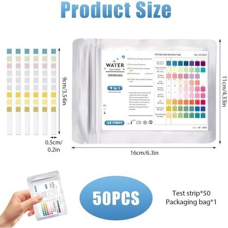 Ulisem50Pcs 9 En 1 Test Eau Potable, Bandelettes de Test pH pour Eau de Piscine et Spa, Bandelette Testeur Dureté de L'eau pour Aquarium, Pool Teststreifen pour Analyse pH Nitrites Chlore Dureté Pisci (1/3)