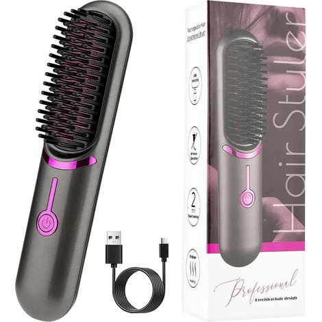 Brosse lissante et fer à boucler 2 en 1 sans fil, revêtement en céramique, portable et rechargeable, idéale pour les voyages, coiffage rapide pour tous types de cheveux. (1/5)