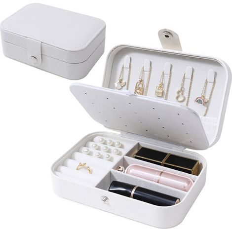 Boîte à bijoux - Boîte à bijoux de voyage portable, petit organisateur de bijoux à deux niveaux, boîte de rangement en cuir PU pour bagues, colliers, boucles d'oreilles(Blanc) (1/5)