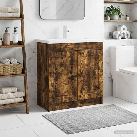 Meuble sous vasque de salle de bain en bois d’ingénierie, chêne fumé, 78,5 x 37,5 x 81 cm - PANGIVO (1/5)