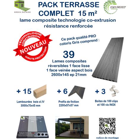 Kit complet 15 m² terrasse composite Coexprotect® coloris Gris