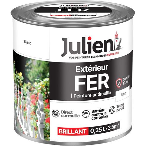 Julien Peinture Fer Anti-Rouille Brillant - Portes, grilles, portails, mobilier de jardin en métal - Blanc Satin 0,25 L